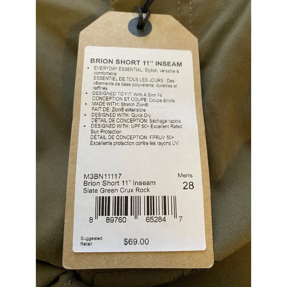 Prana Mens Shorts Slate Green 28” Waist Stretch Slim Fit Mountain Print NEW NWT
